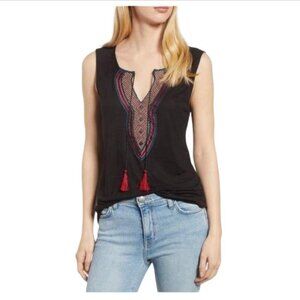 Bobeau Black Sleeveless Tank Top Tunic with Embroidered‎ Design & Tassels Size L